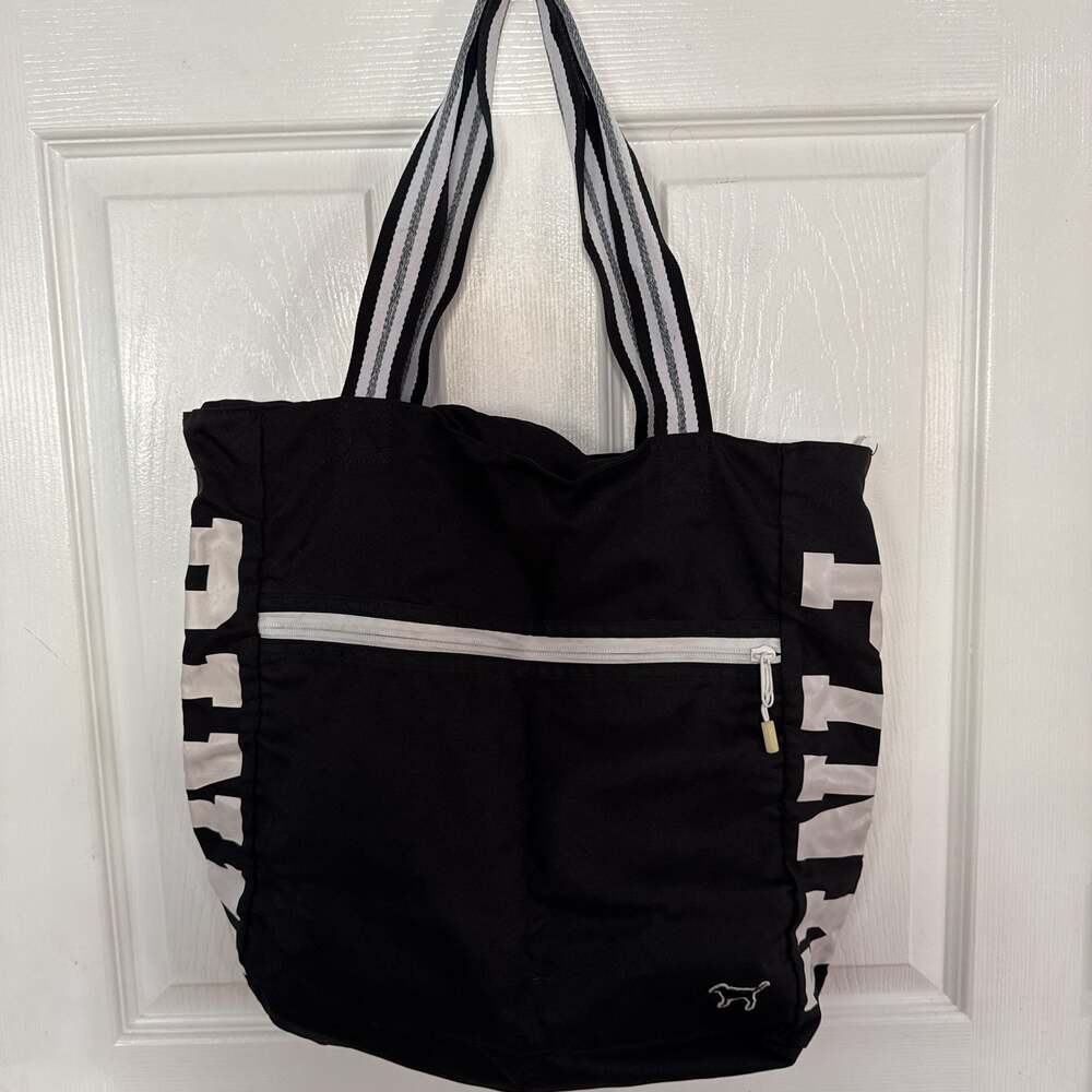 Victoria's Secret PINK Black and White Canvas Logo Tote Weekender Bag